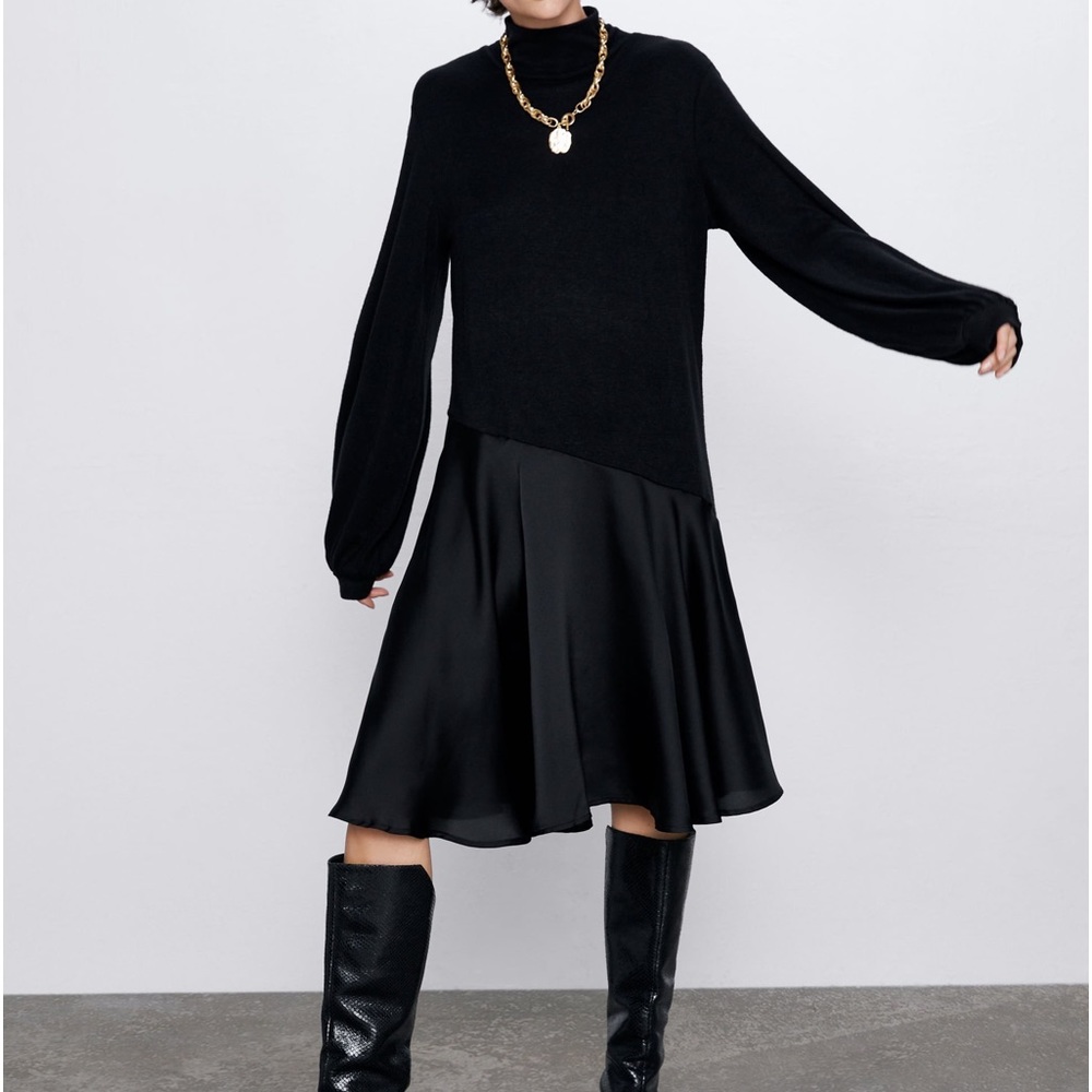 Zara Contrast Mock Neck Long Sleeve Mid Dress Size L